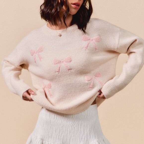 SO ME Embroidered Ribbon Round Neck Sweater - Picture 5 of 6